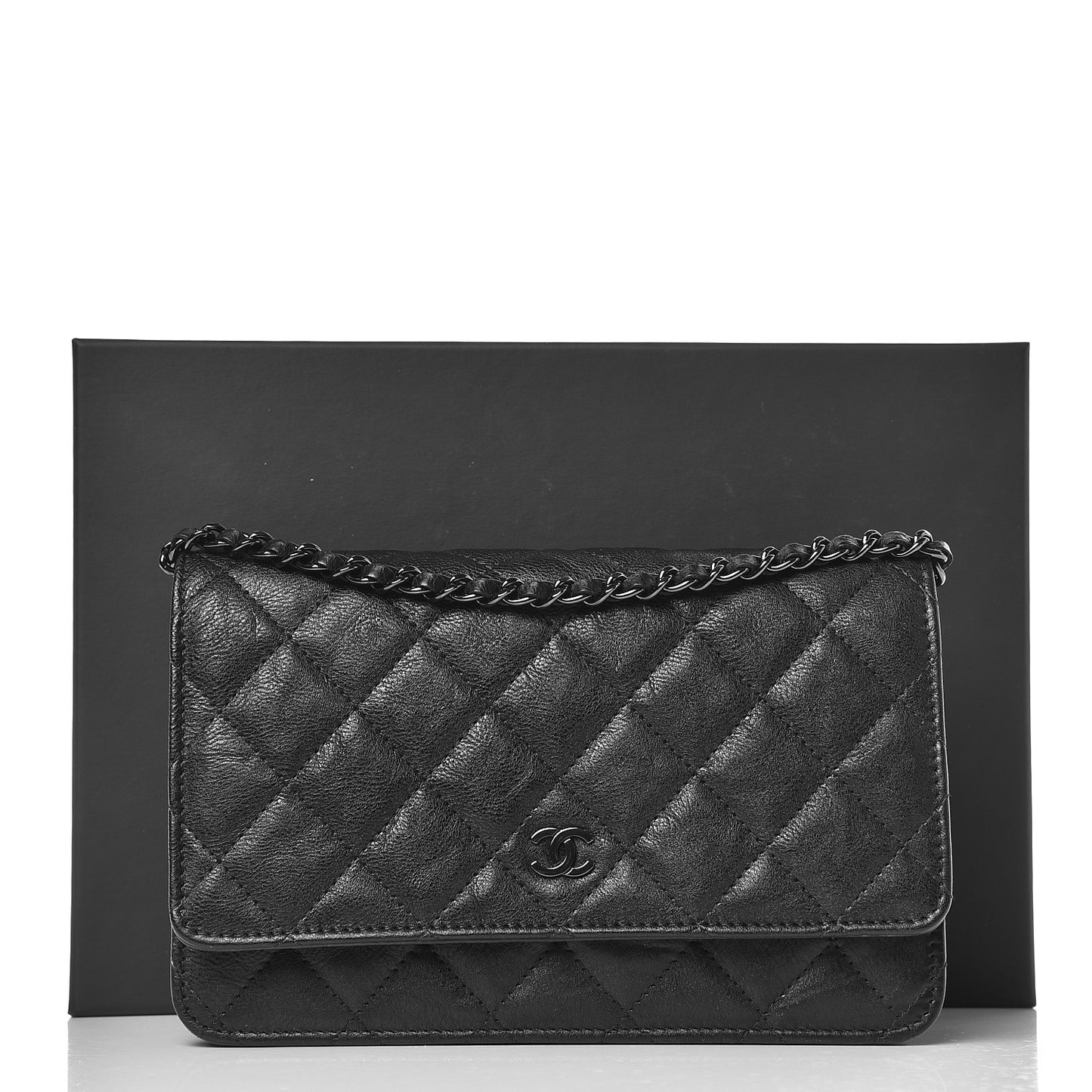 Crumpled Calfskin Quilted Wallet On Chain WOC So Black