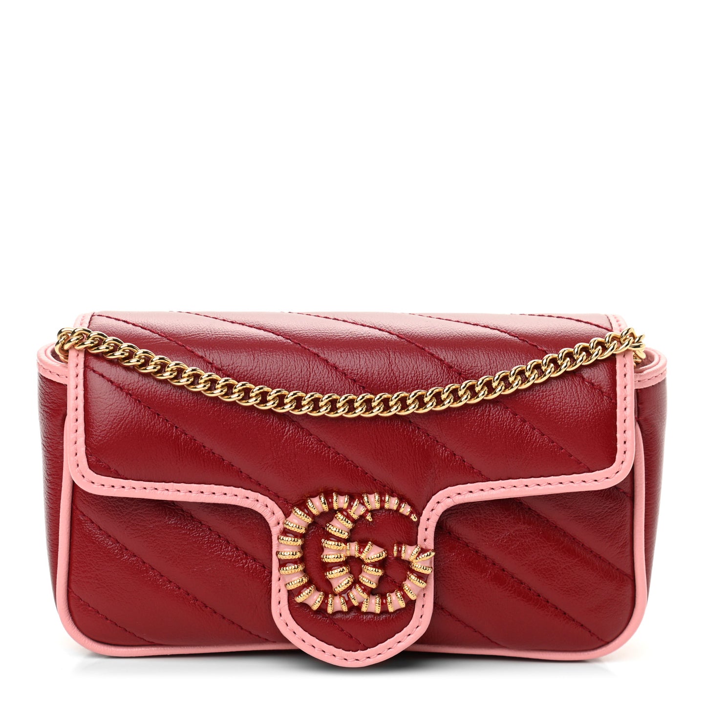 Azalea Calfskin Enamel Matelasse Diagonal Super Mini Torchon GG Marmont Shoulder Bag New Cherry Red Wild Rose