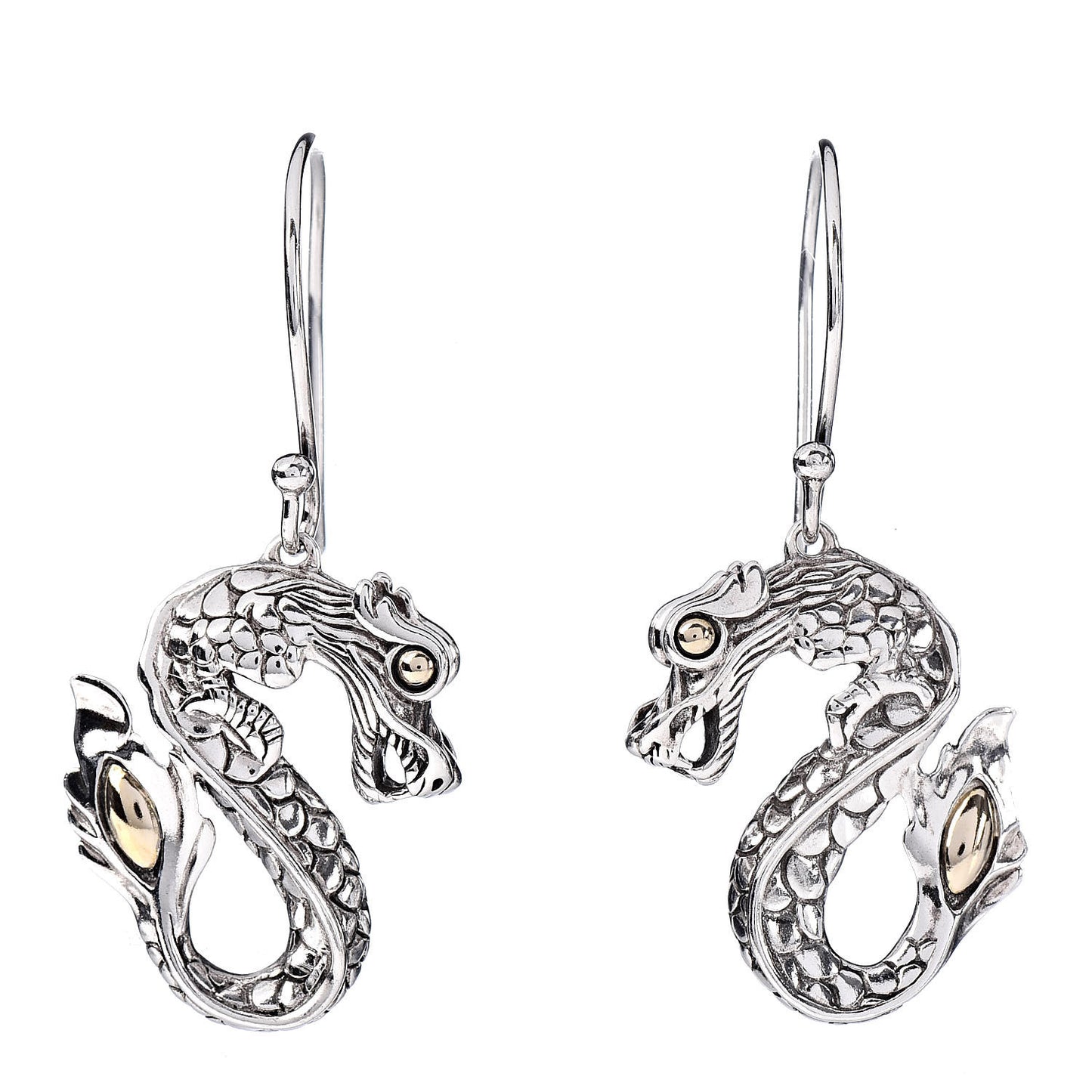 Sterling Silver 18K Yellow Gold Naga Dragon Drop Earrings