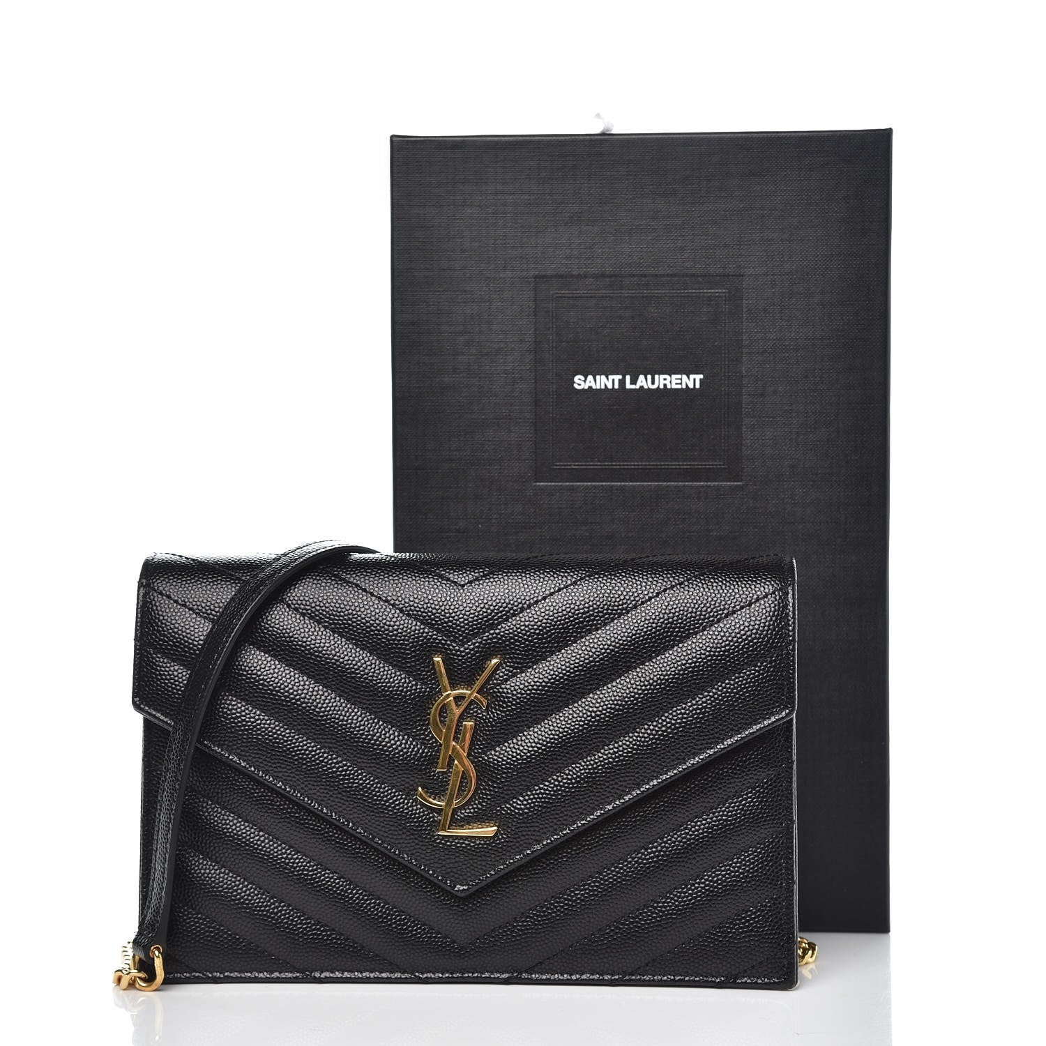 Saint Laurent Grain De Poudre Matelasse Chevron Monogram Envelope Chain Wallet Black 8 of 8