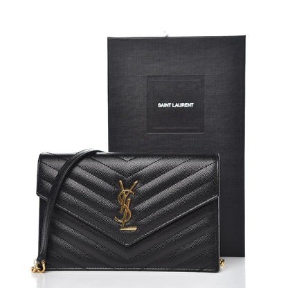 Saint Laurent Grain De Poudre Matelasse Chevron Monogram Envelope Chain Wallet Black 8 of 8