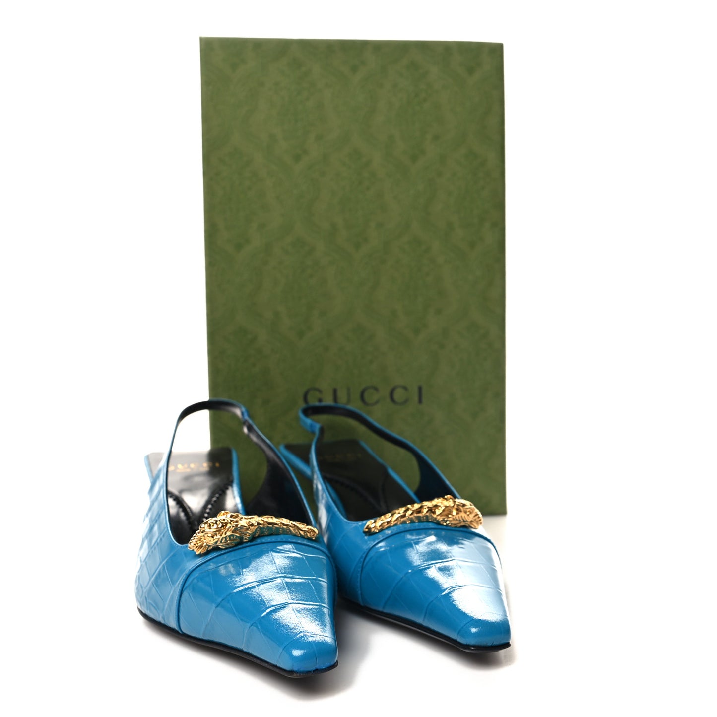 Calfskin Crocodile Print Square Slingback Pumps 38.5 Bright Sapphire