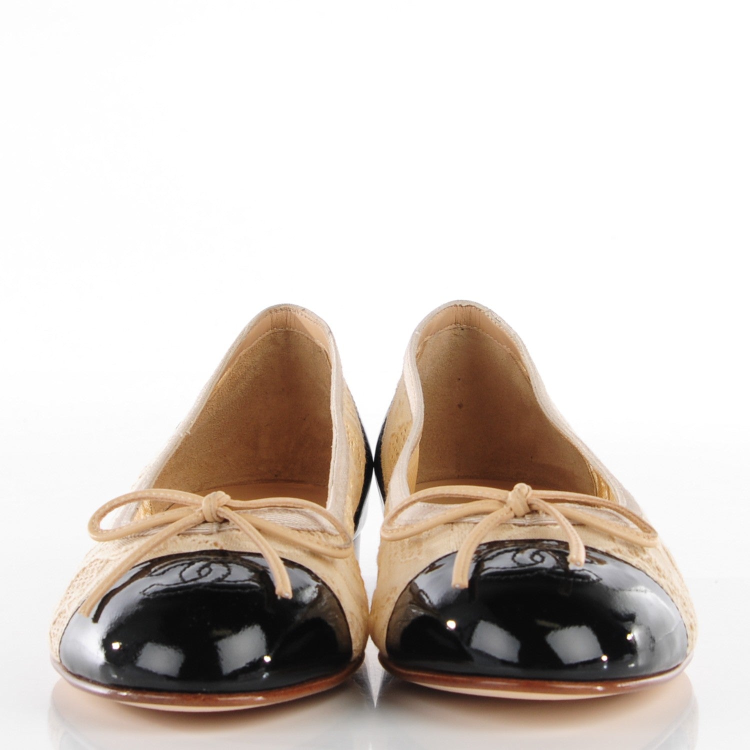 Chanel Lace Patent Cap Toe CC Ballerina Flats 37 Beige Black 2 of 6