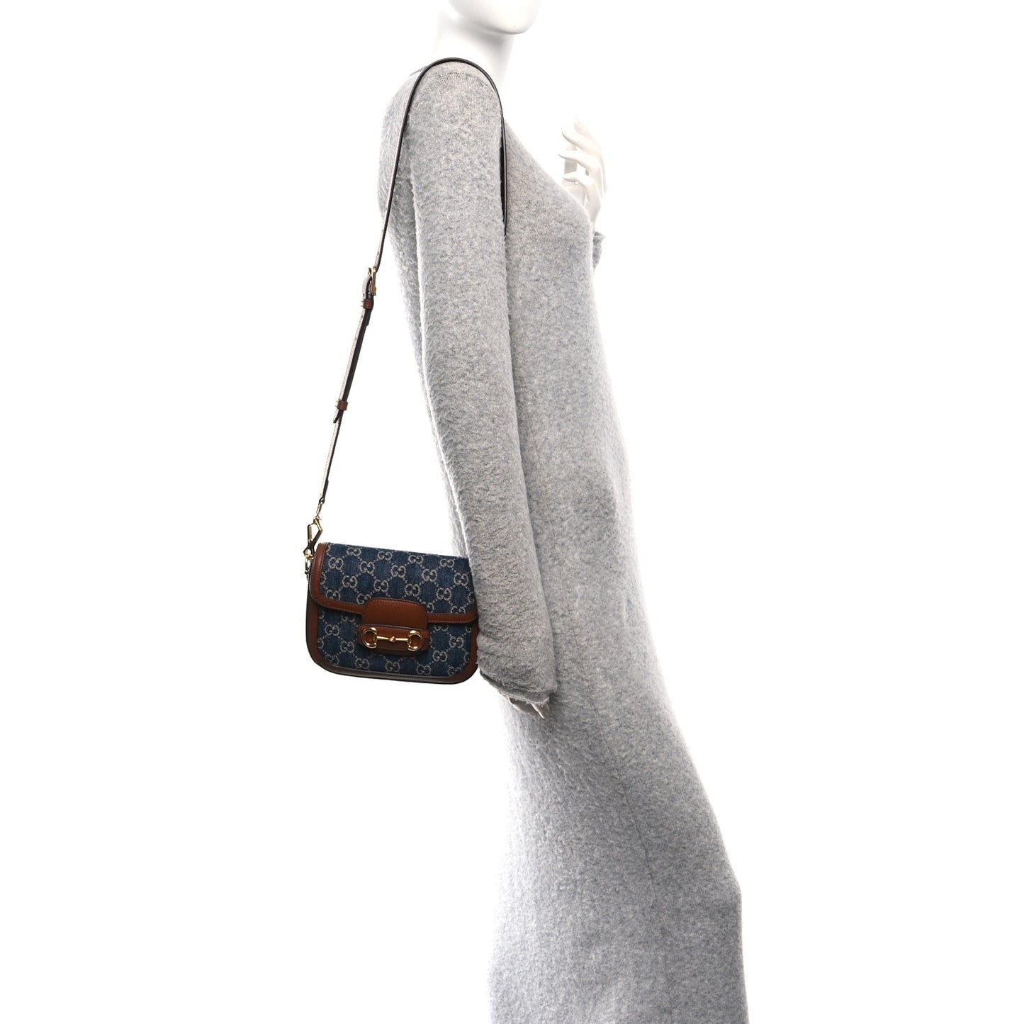 New Denim GG Monogram Dollar Calfskin Web Mini Horsebit 1955 Shoulder Bag Blue Tea Cuir Epilog
