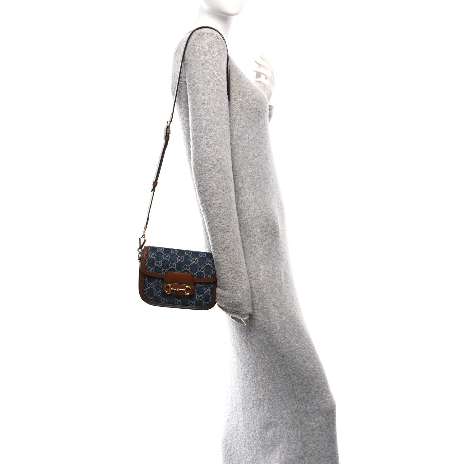 Gucci New Denim GG Monogram Dollar Calfskin Web Mini Horsebit 1955 Shoulder Bag Blue Tea Cuir Epilog 2 of 13
