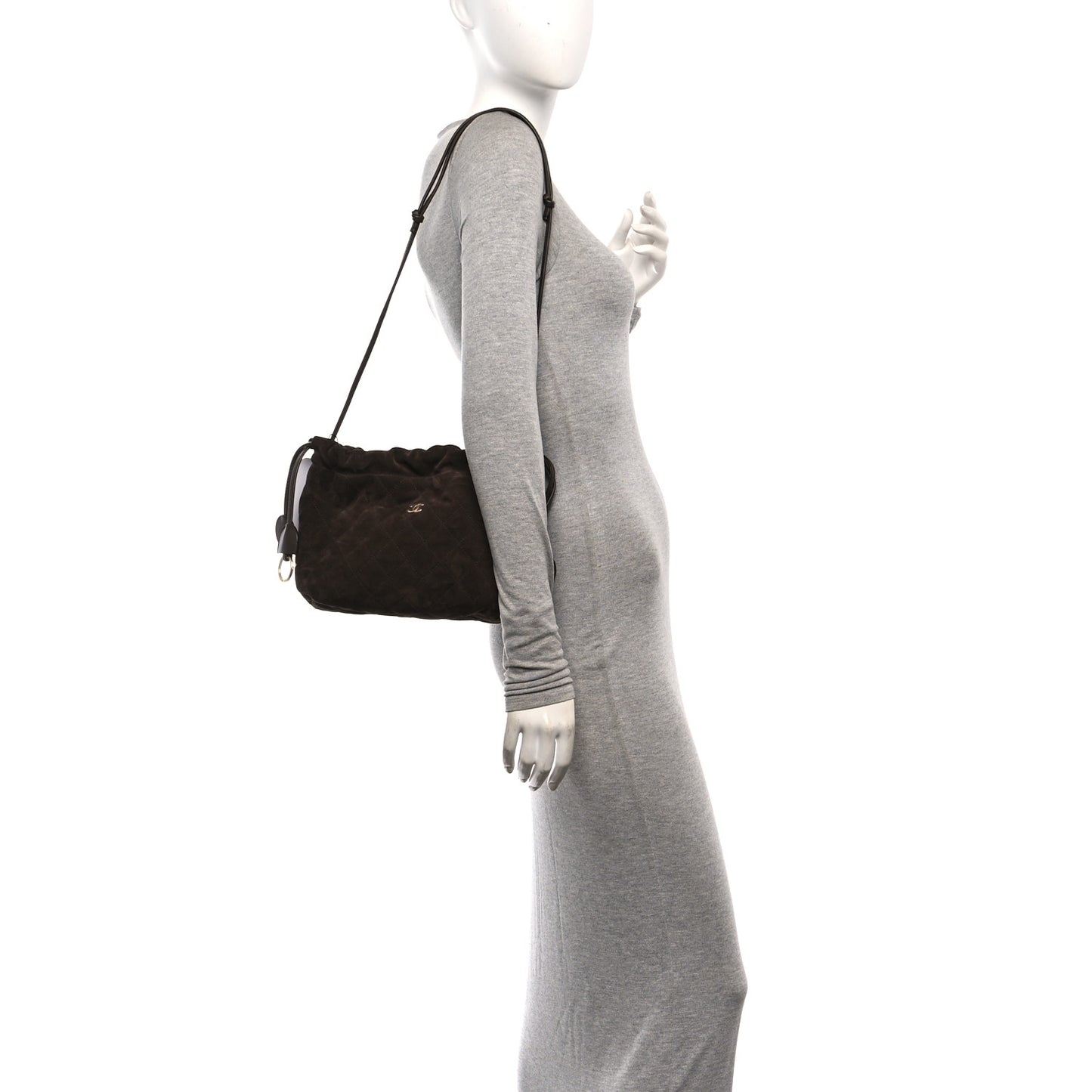 Suede Quilted Drawstring Clutch With Strap Brown