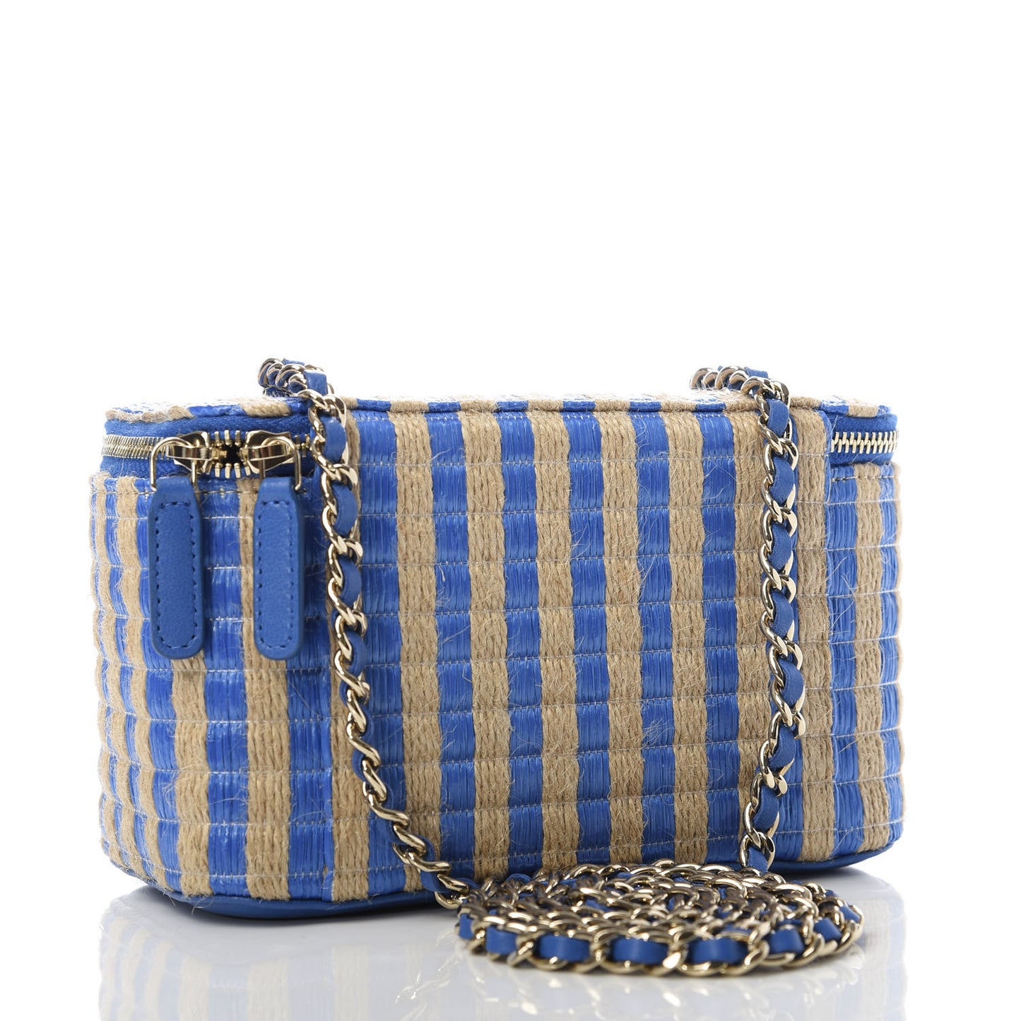 Raffia Jute Striped Small Vanity Case With Chain Blue Beige