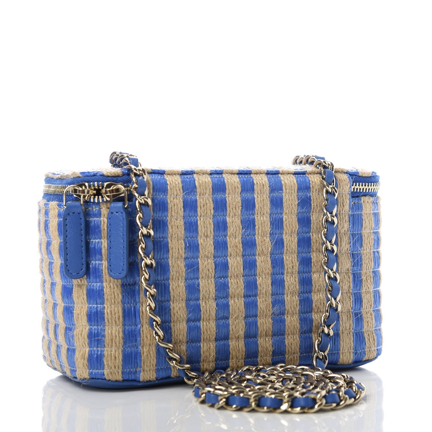 Chanel Raffia Jute Striped Small Vanity Case With Chain Blue Beige 3 of 10