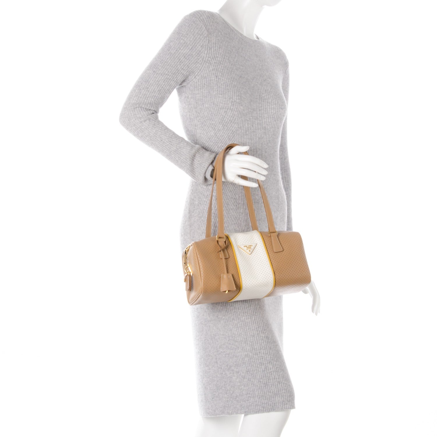 Prada Saffiano Perforated Striped Boston Cuoio Mimosa 2 of 7