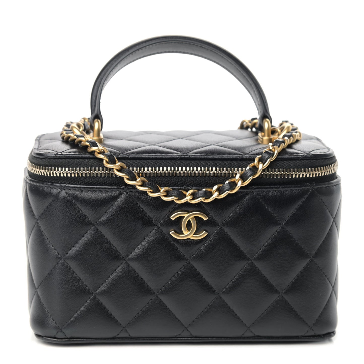 Lambskin Quilted Small Top Handle Vanity Case With Chain Black