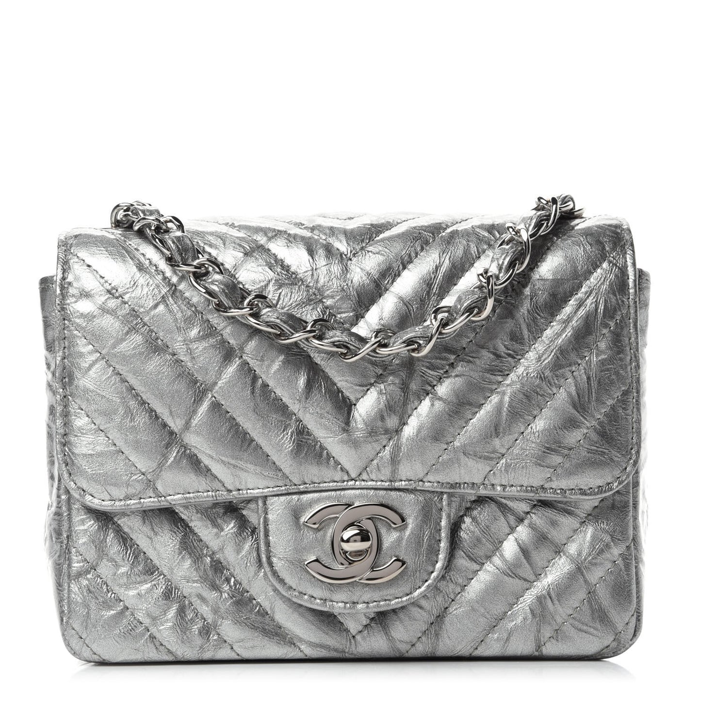 Metallic Patent Crumpled Calfskin Chevron Quilted Mini Square Flap Silver