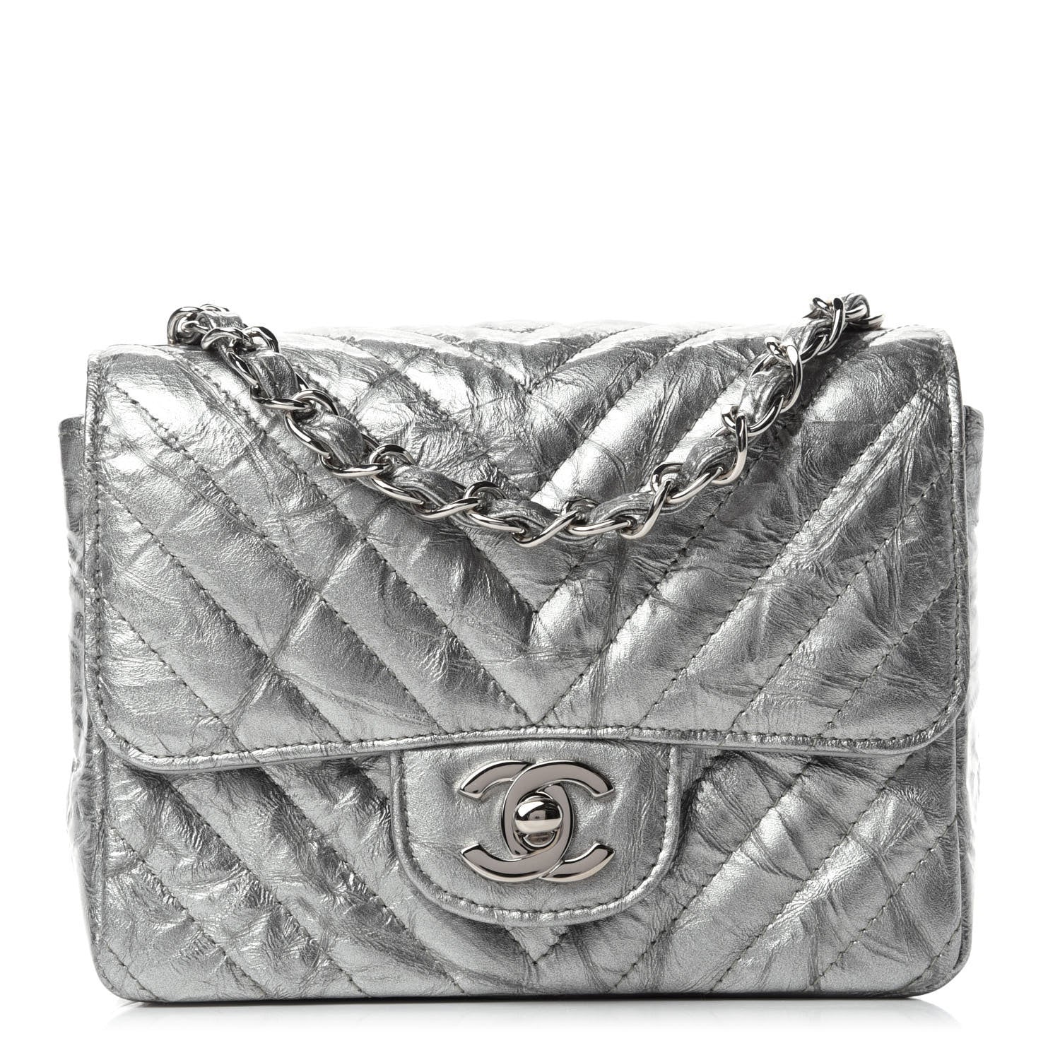 Chanel Metallic Patent Crumpled Calfskin Chevron Quilted Mini Square Flap Silver 1 of 12