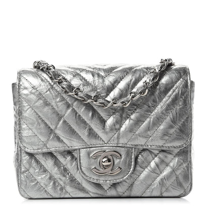 Chanel Metallic Patent Crumpled Calfskin Chevron Quilted Mini Square Flap Silver 1 of 12