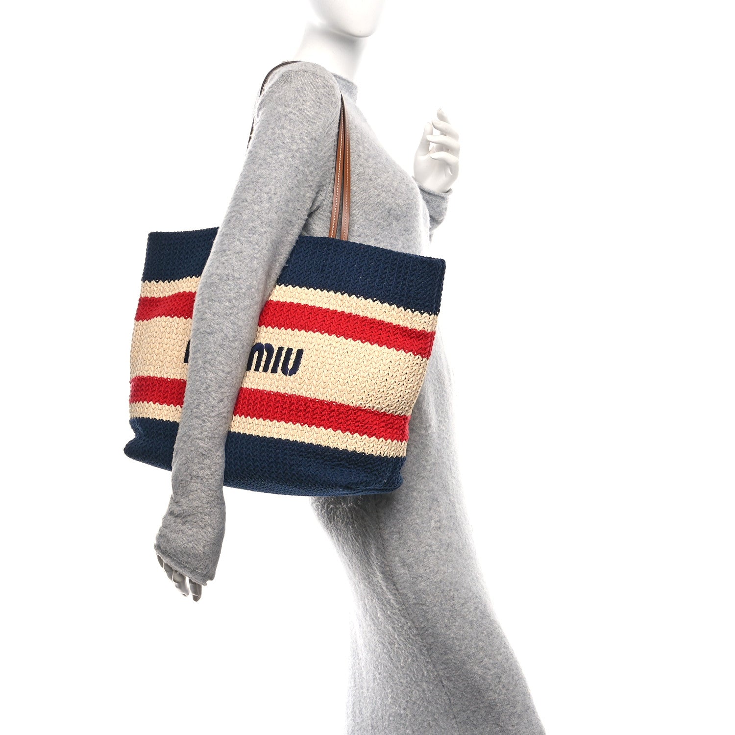 Miu Miu Raffia Crochet Stripe Tote Natural Blue 1793246 – FASHIONPHILE