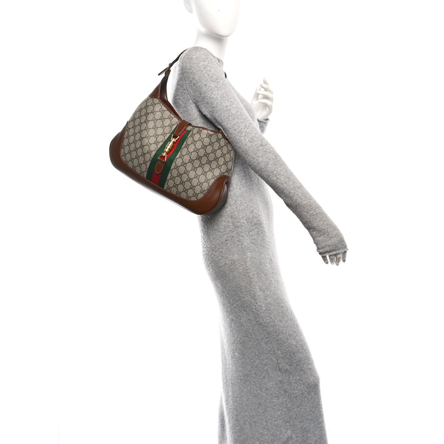 GG Supreme Monogram Azalea Calfskin Web Medium Jackie 1961 Hobo Beige Ebony Brown Sugar