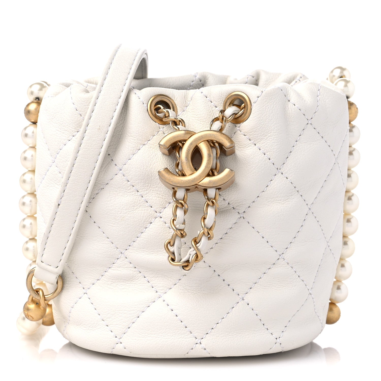 Chanel Calfskin Quilted Pearl Mini About Pearls Drawstring Bucket Bag White 1 of 9