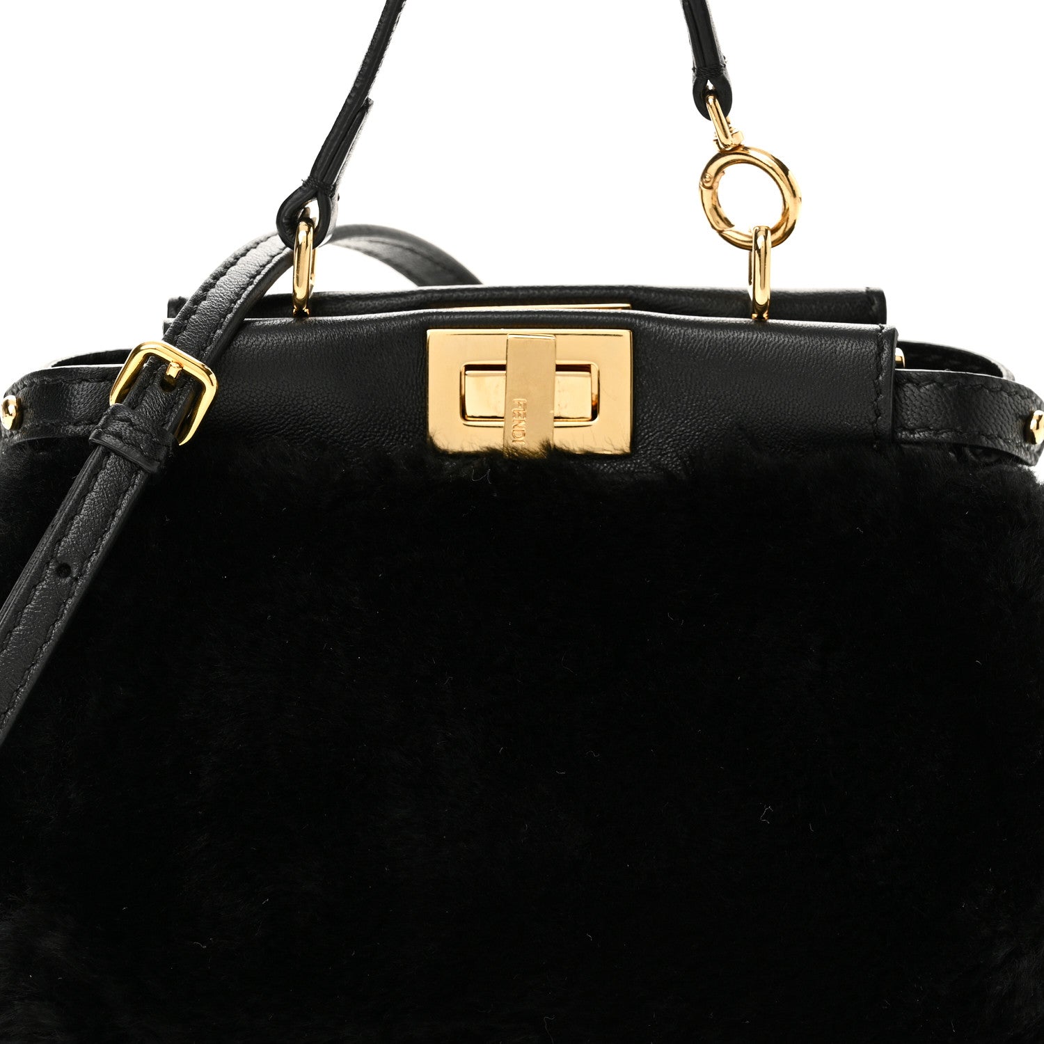 Fendi Shearling Shiny Nappa Micro Peekaboo Iconic Satchel Black 7 of 9