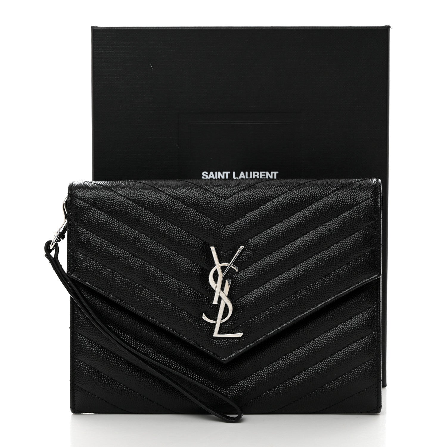Saint Laurent Grain De Poudre Matelasse Chevron Monogram Envelope Clutch Black 8 of 8