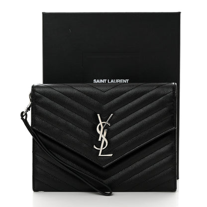 Saint Laurent Grain De Poudre Matelasse Chevron Monogram Envelope Clutch Black 8 of 8