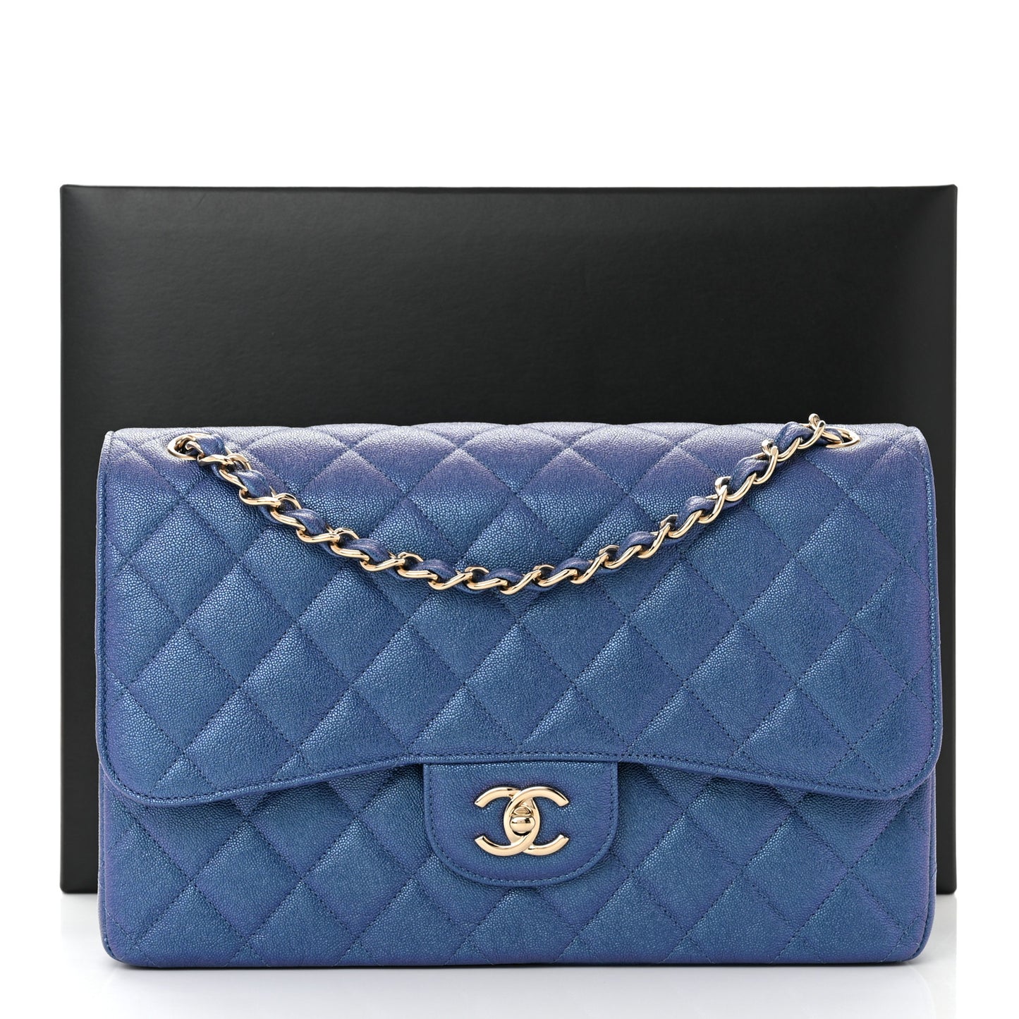 Iridescent Caviar Quilted Jumbo Double Flap Dark Blue