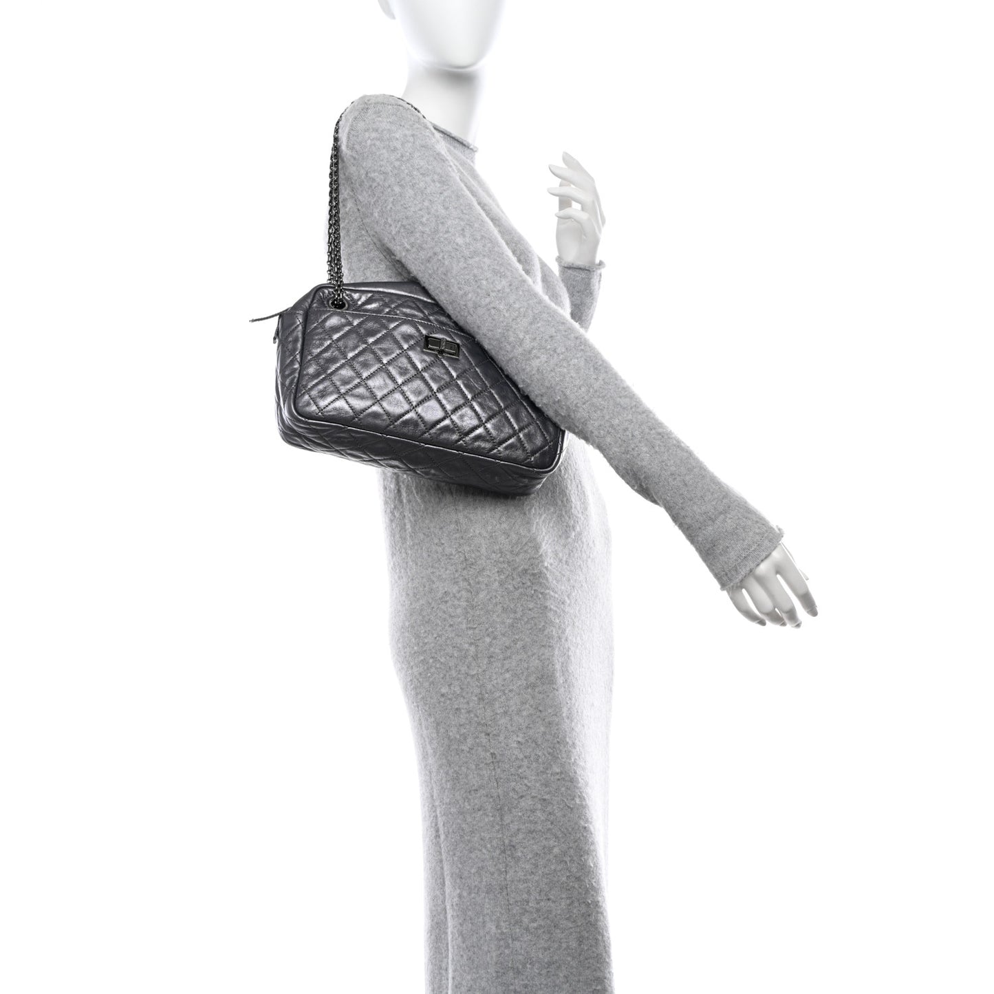 Metallic Aged Calfskin Quilted Medium Reissue Camera Case Dark Silver