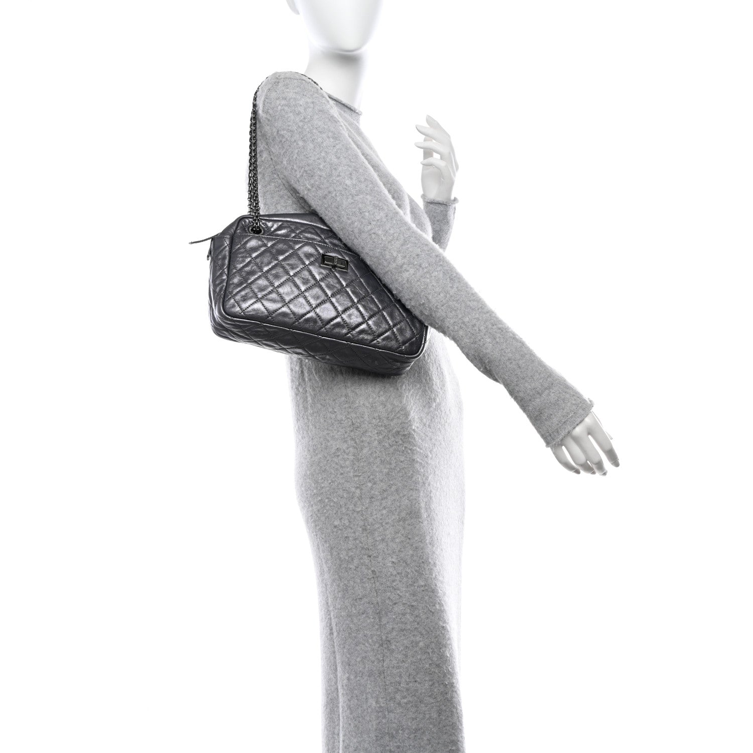 Chanel Metallic Aged Calfskin Quilted Medium Reissue Camera Case Dark Silver 2 of 10
