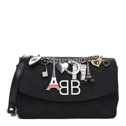 Balenciaga Canvas Jacquard Diagonal Allover Logo Charms S BB Round Shoulder Bag Black 1 of 5