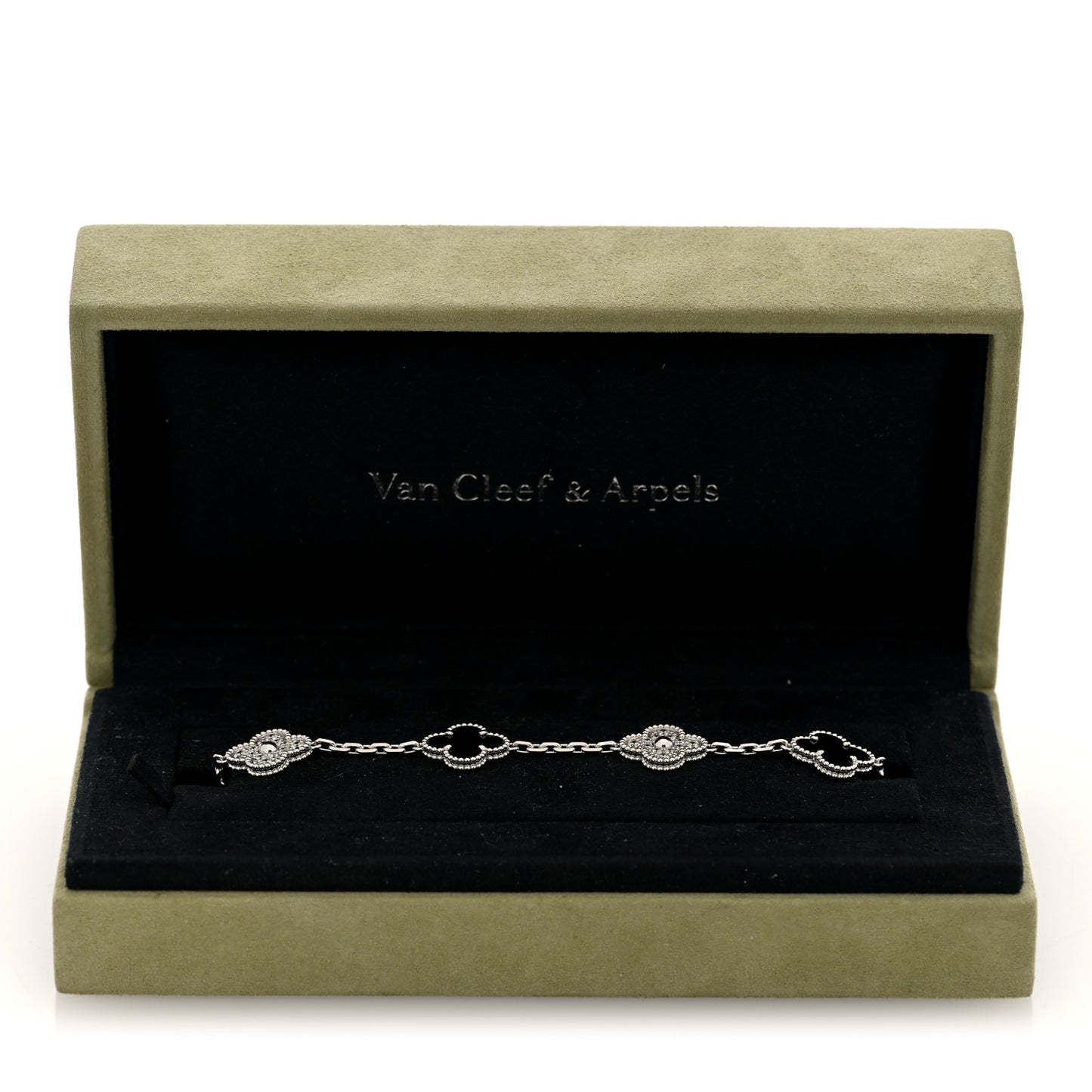 18K White Gold Diamond Black Onyx 5 Motifs Vintage Alhambra Bracelet
