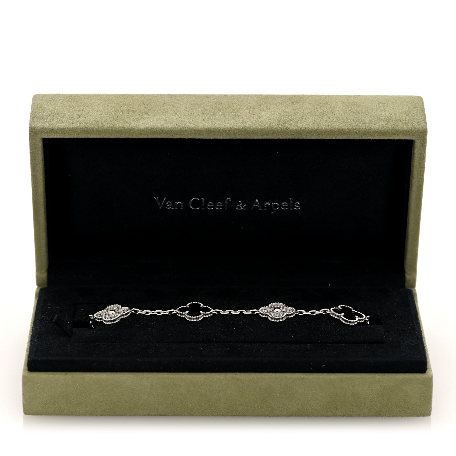 Van Cleef & Arpels 18K White Gold Diamond Black Onyx 5 Motifs Vintage Alhambra Bracelet 4 of 4