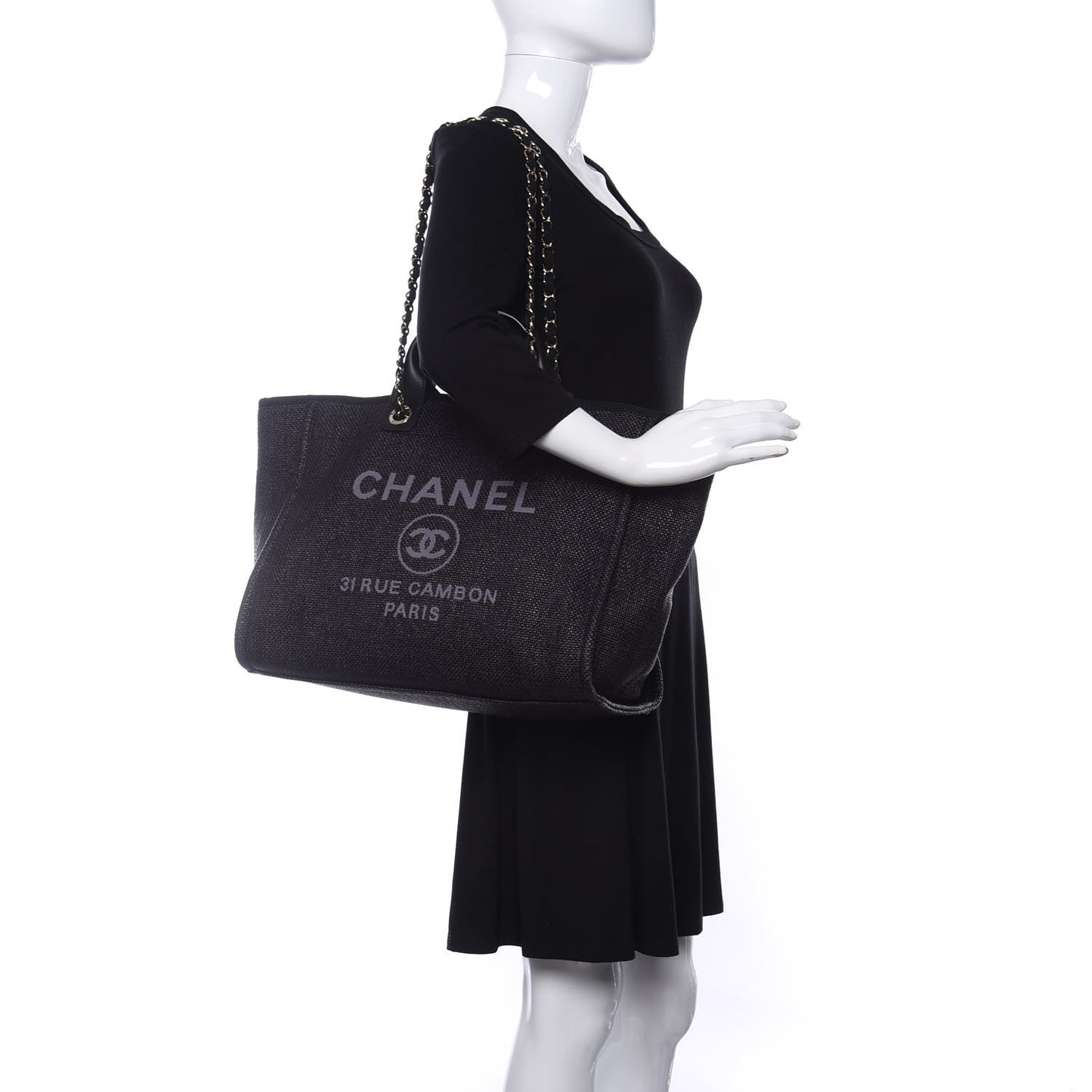 Woven Straw Raffia Medium Deauville Tote Black