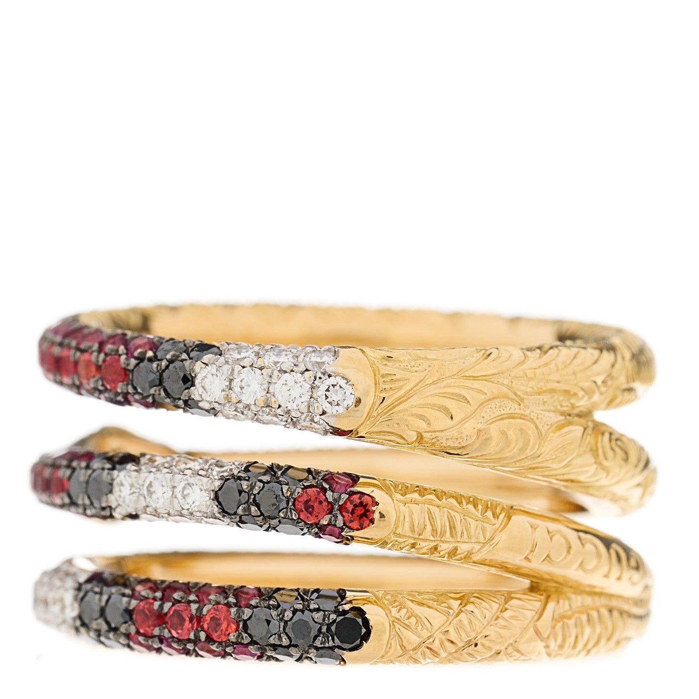 18K Yellow Gold Black Diamond Topaz Sapphire Diamond Ouroboros Snake Three-Row Ring 51 5.75