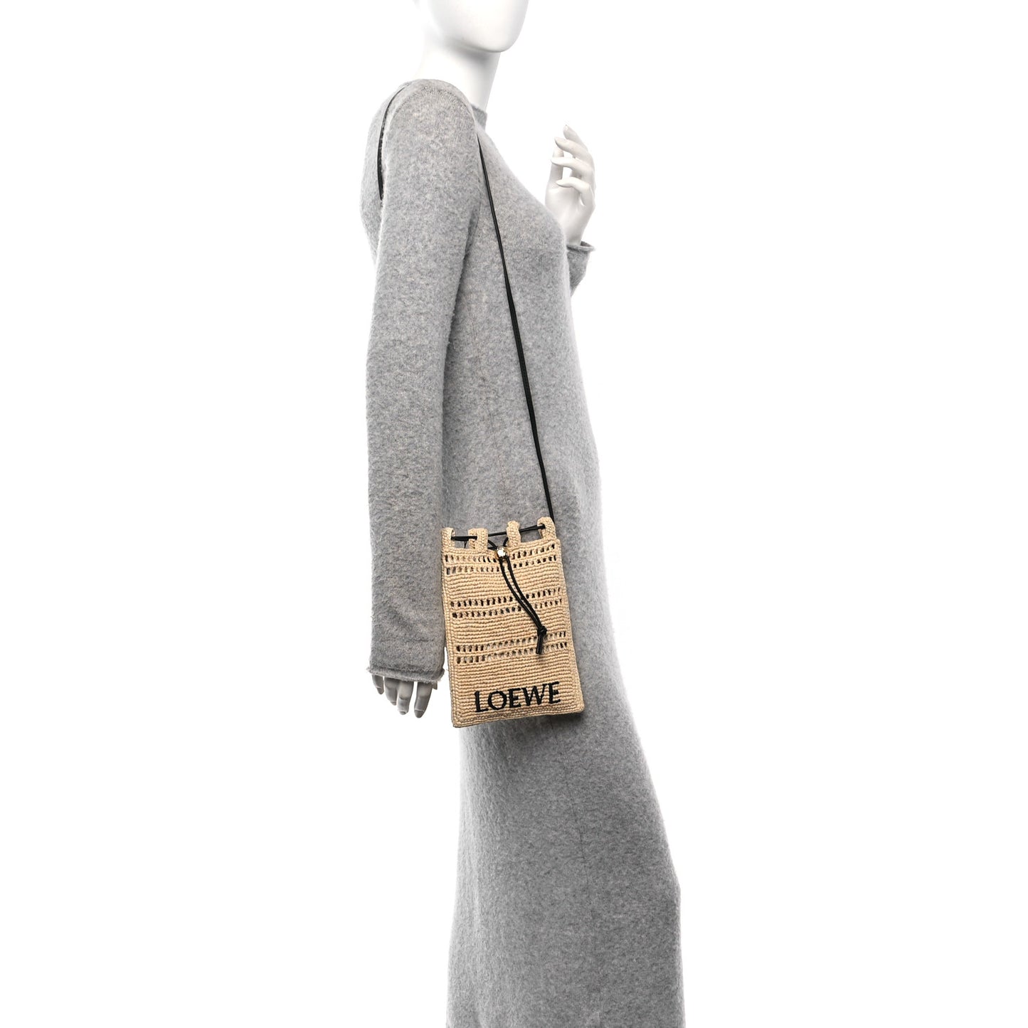 Raffia Logo Drawstring Pocket Crossbody Natural Black