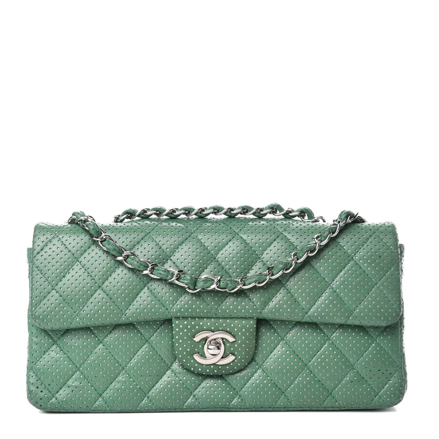 Chanel Lambskin Perforated East West Flap Green 1 of 10