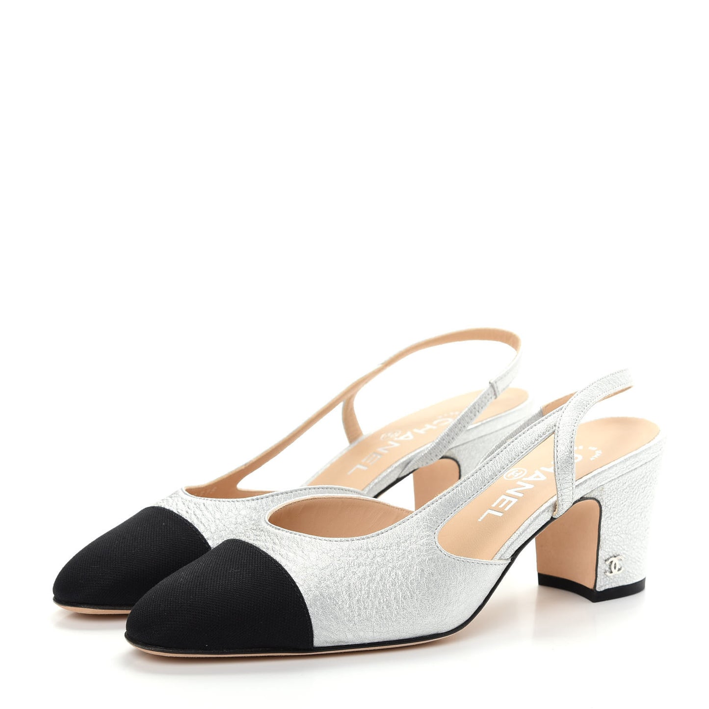 Metallic Lambskin Grosgrain Cap Toe CC Slingback Sandals 38 Black Silver