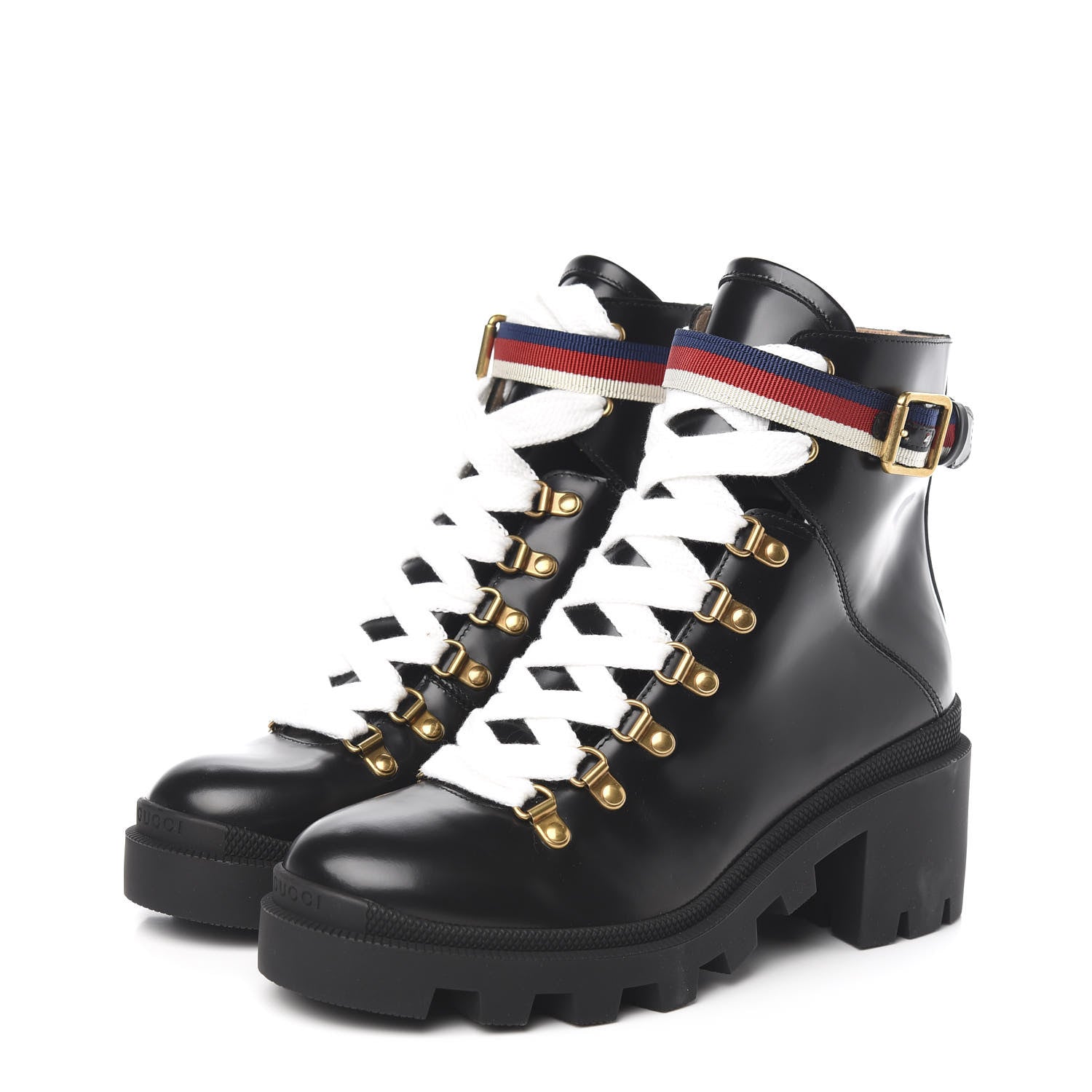 Gucci Calfskin Sylvie Web Womens Lace Up Combat Boots 38 Black 3 of 10