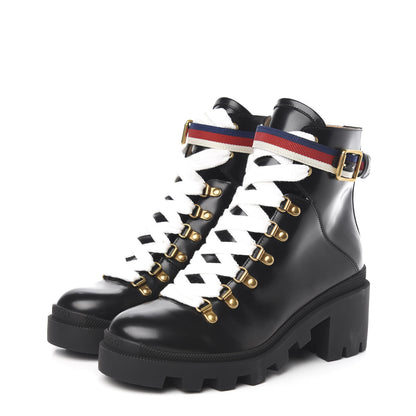 Gucci Calfskin Sylvie Web Womens Lace Up Combat Boots 38 Black 3 of 10