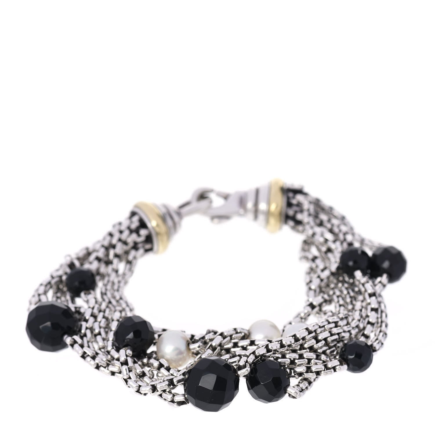 David Yurman Sterling Silver 18K Yellow Gold Pearl Onyx Multi Strand Box Chain Bracelet 1 of 4