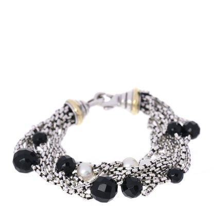 David Yurman Sterling Silver 18K Yellow Gold Pearl Onyx Multi Strand Box Chain Bracelet 1 of 4