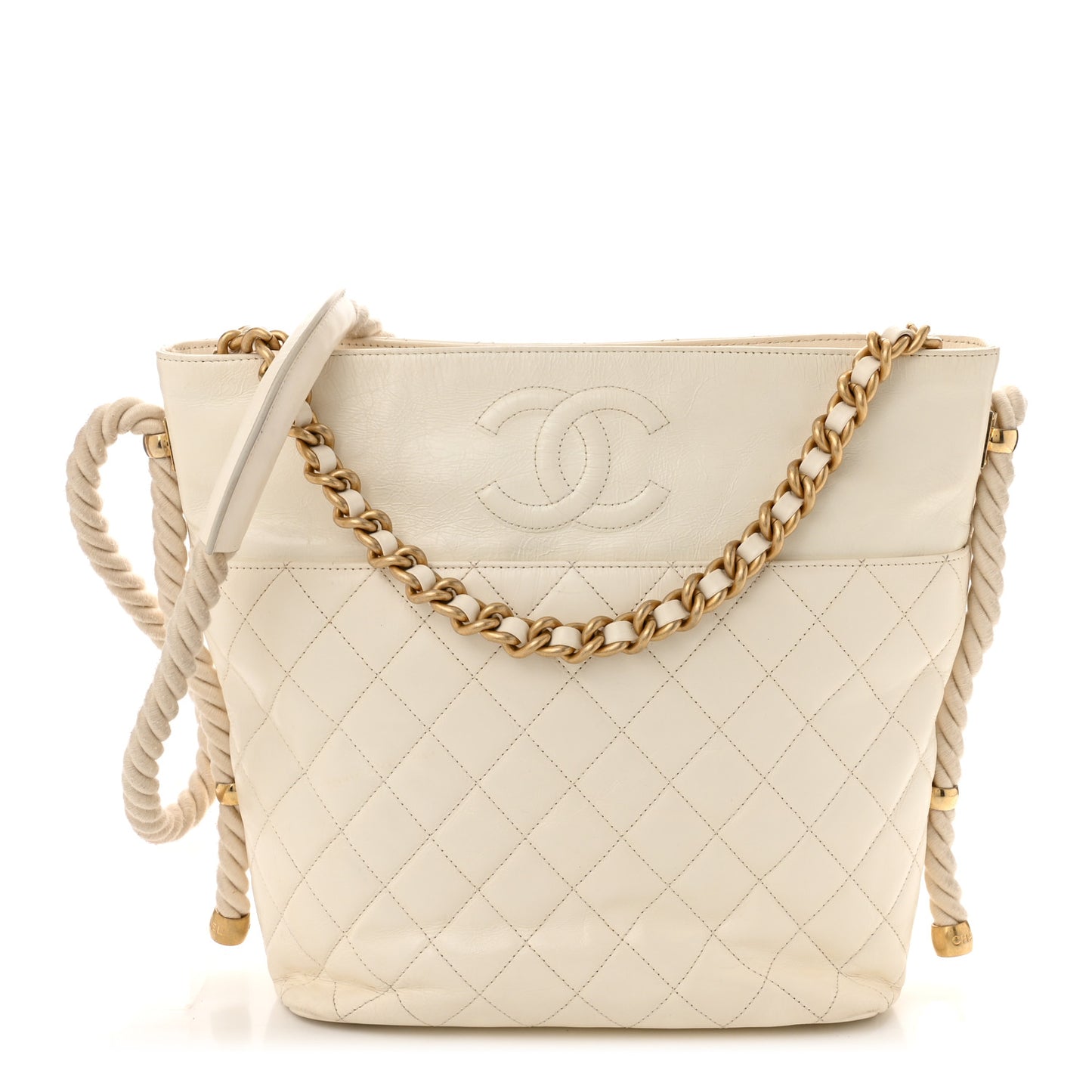 Crumpled Calfskin En Vogue Rope Hobo Bag White