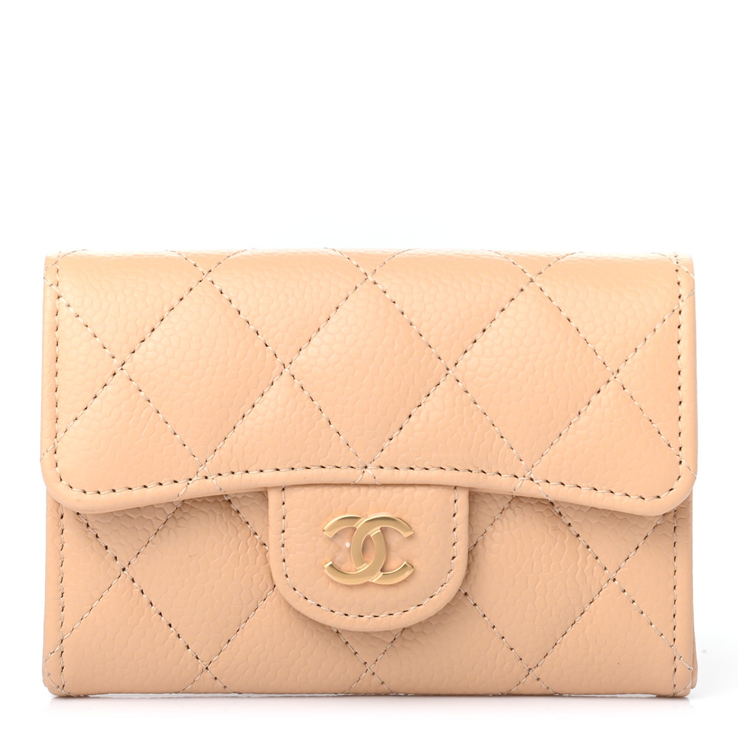 Caviar Quilted Flap Card Holder Wallet Beige