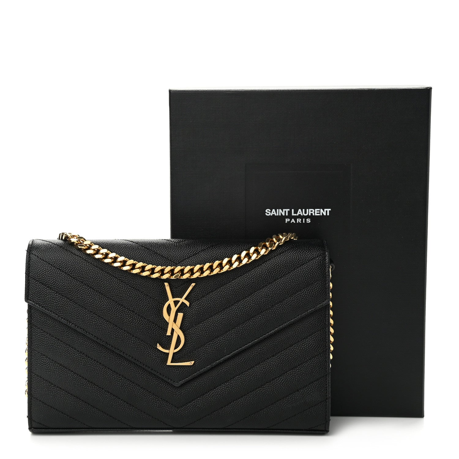 Saint Laurent Grain De Poudre Matelasse Chevron Monogram Chain Wallet Black 14 of 14