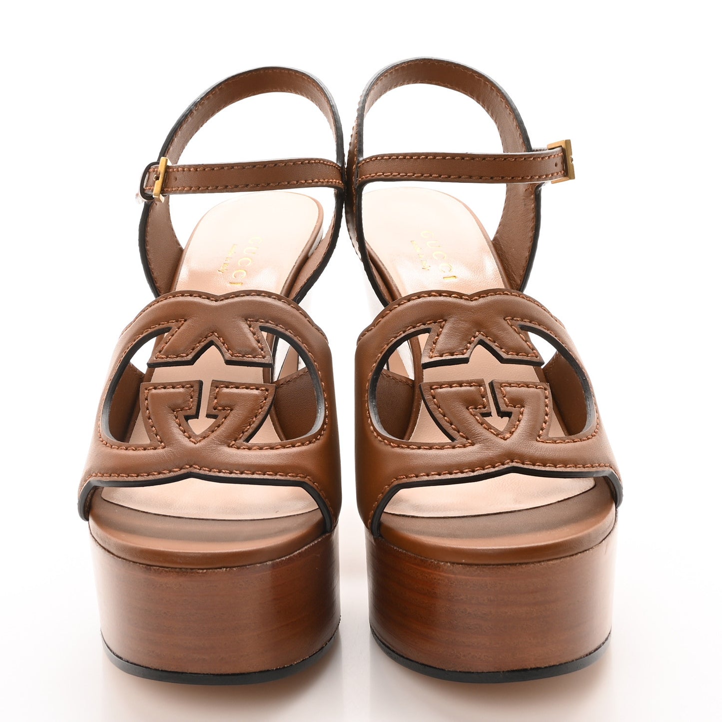 Cosmos Softy Calfskin Wooden Interlocking G Cut-Out 30/120mm Platform Sandals 35 Cuir