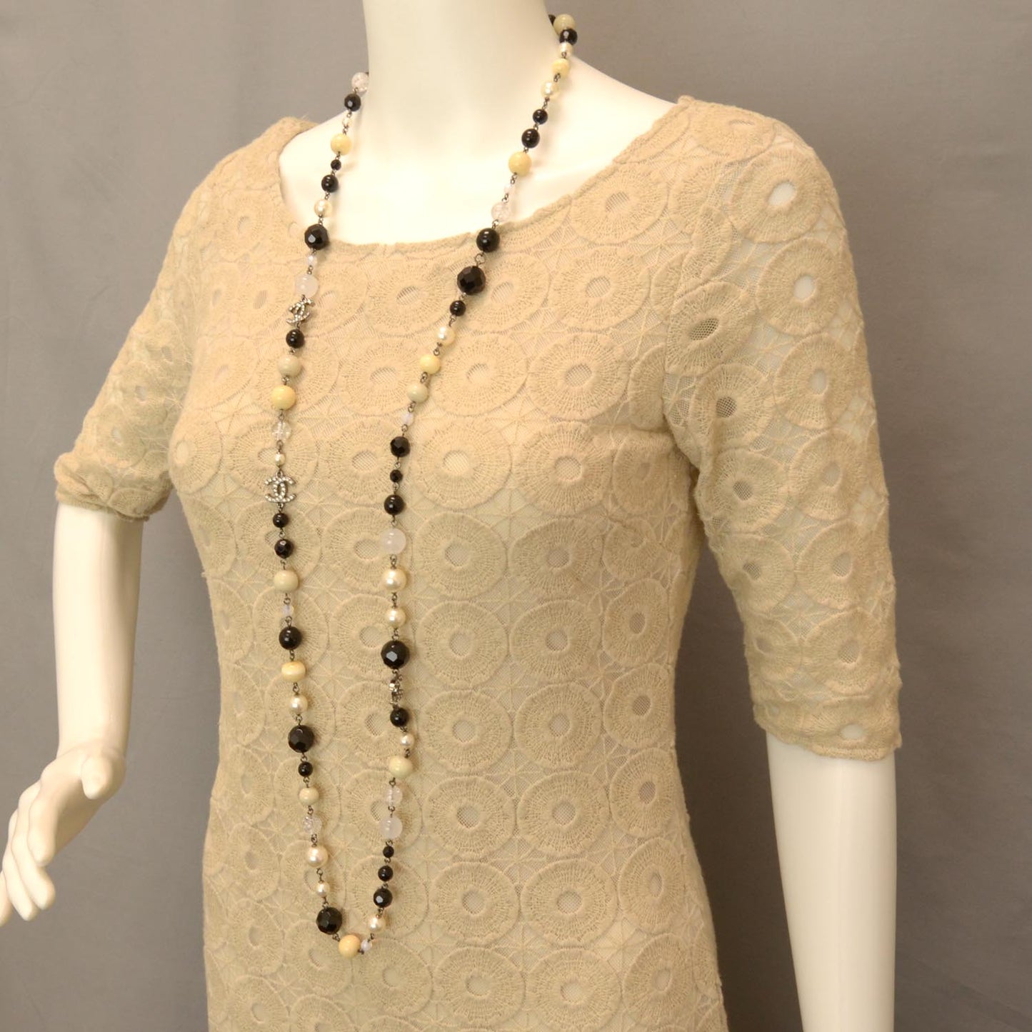 Pearl Crystal CC Beaded Long Necklace Silver