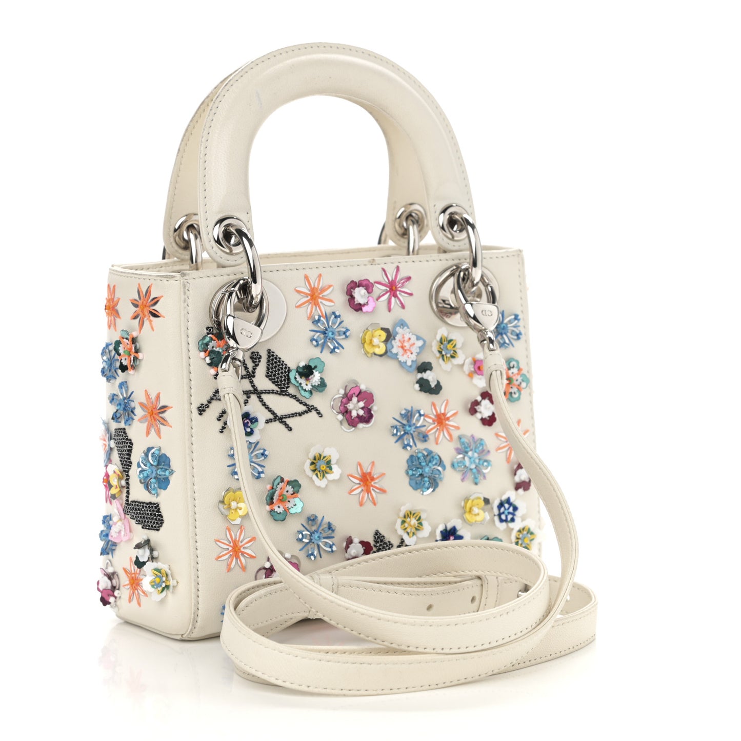 Calfskin Sequin Floral Embroidered Mini Lady Dior White Multicolor
