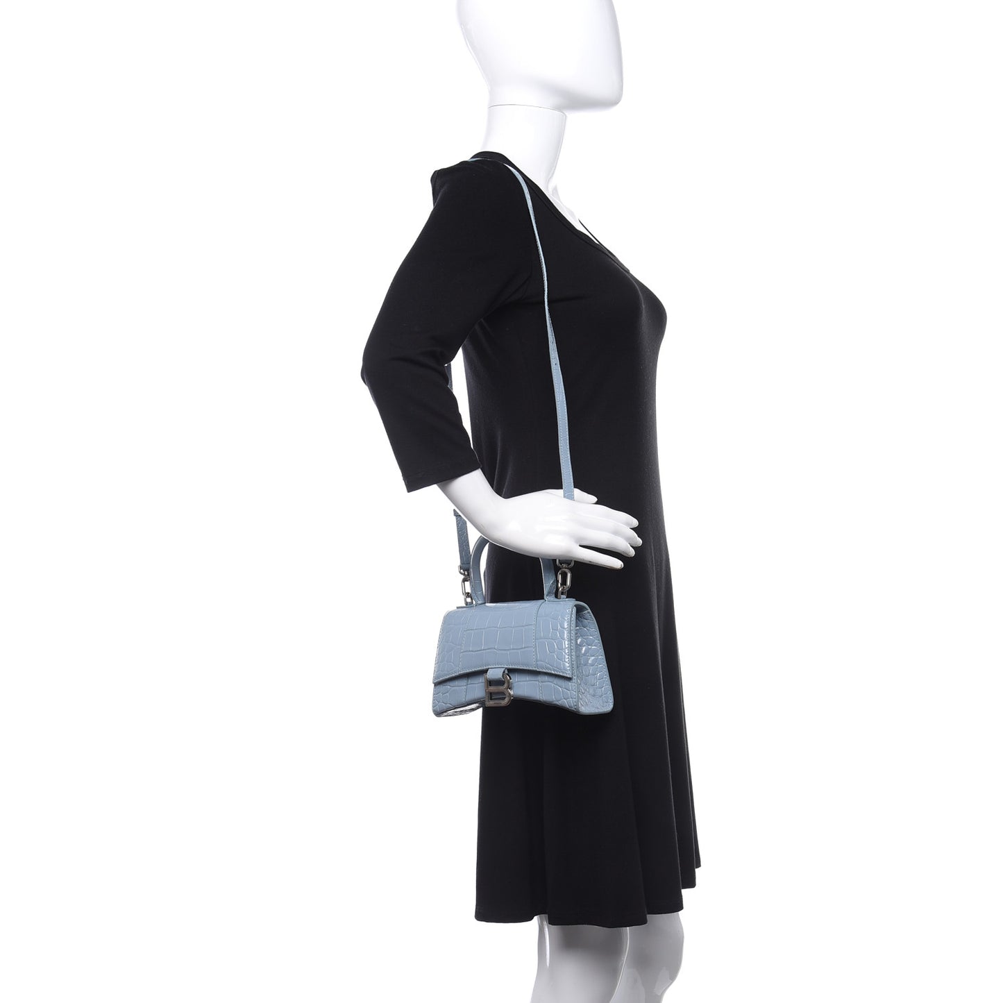 Shiny Calfskin Crocodile Embossed Hourglass Top Handle Bag XS Blue Grey