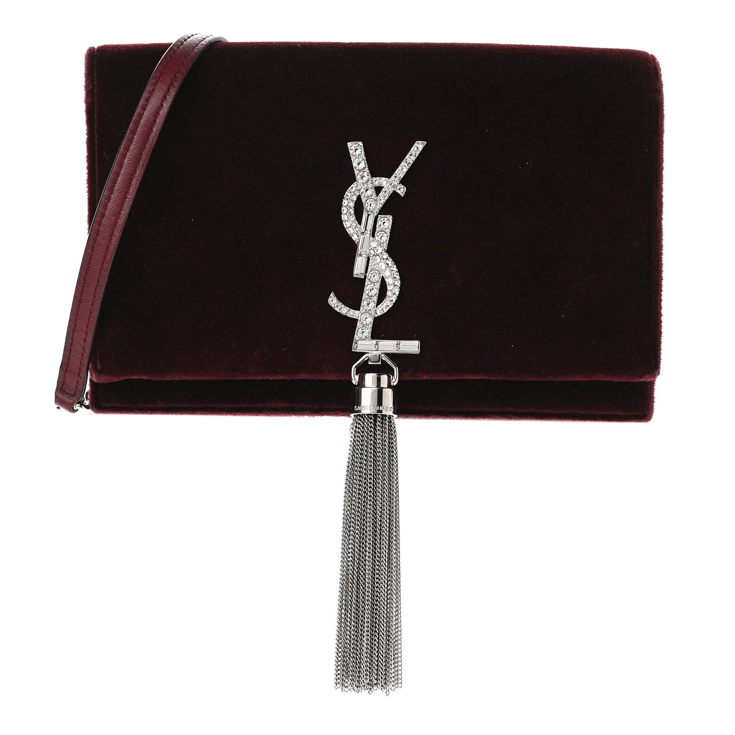 Velvet Crystal Monogram Kate Tassel Shoulder Bag Burgundy