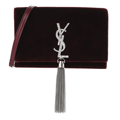 Saint Laurent Velvet Crystal Monogram Kate Tassel Shoulder Bag Burgundy 1 of 8