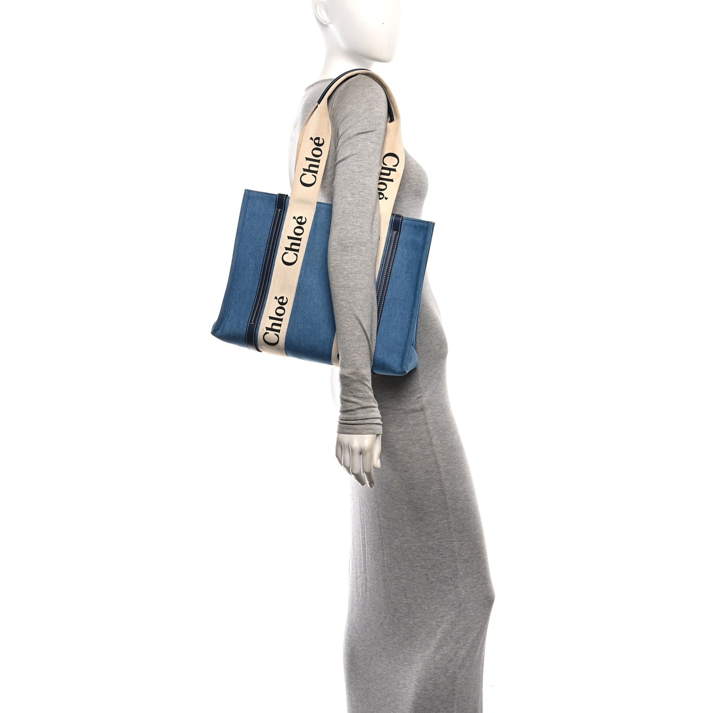 Denim Shiny Calfskin Medium Woody Ribbon Tote Navy