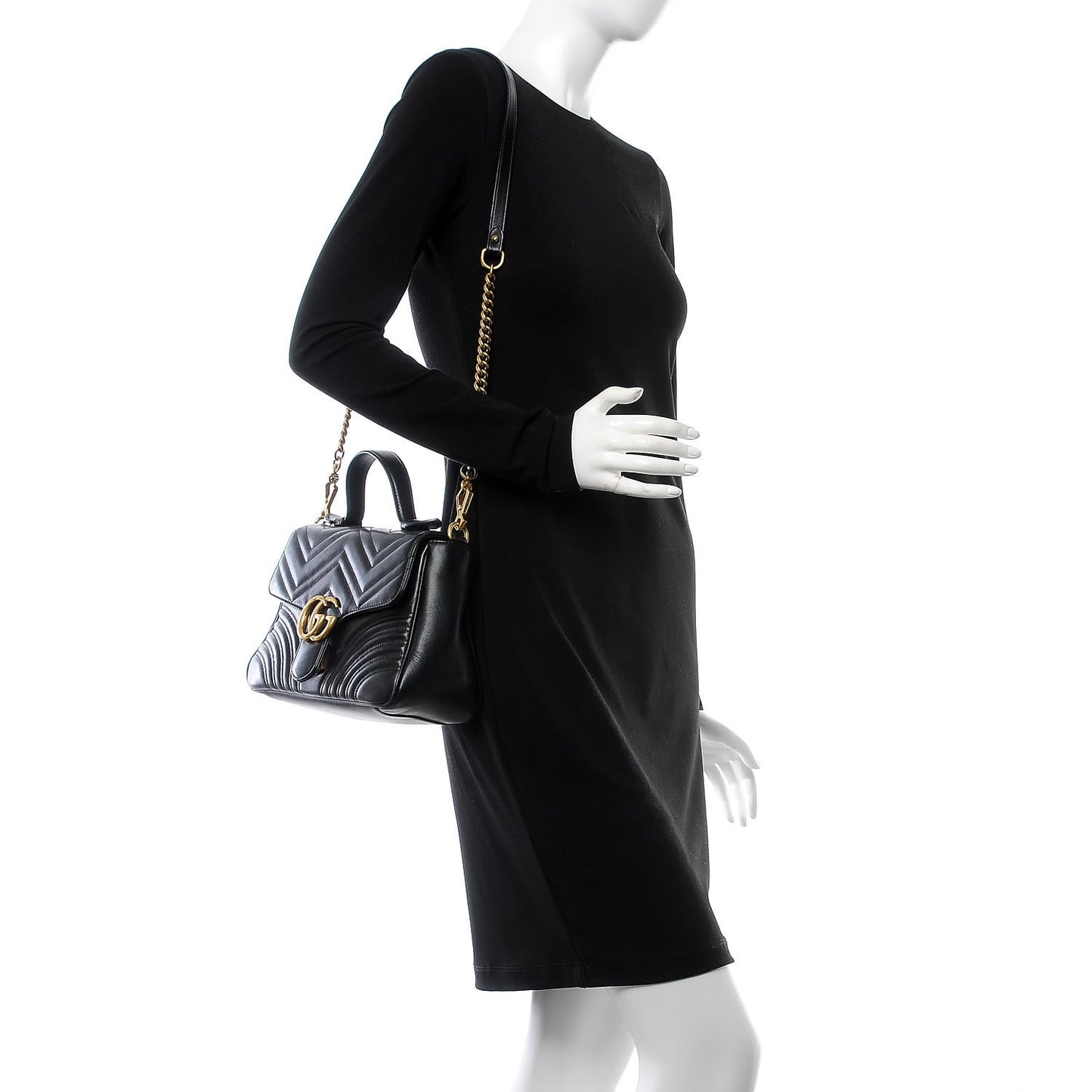 Calfskin Matelasse Small GG Marmont Top Handle Shoulder Bag Black