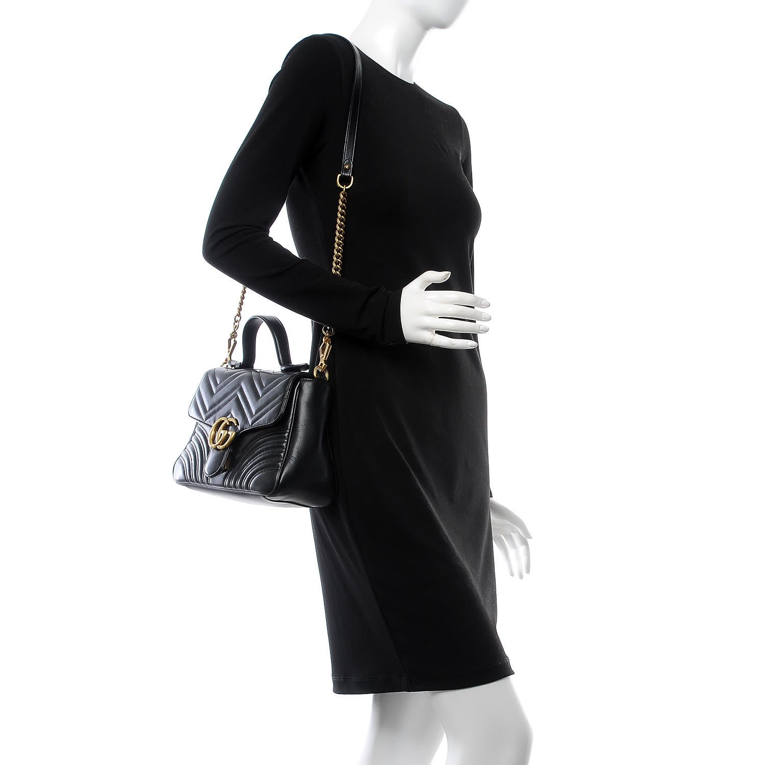 Gucci Calfskin Matelasse Small GG Marmont Top Handle Shoulder Bag Black 1 of 7